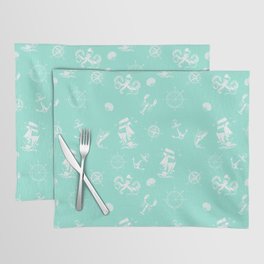 Mint Blue And White Silhouettes Of Vintage Nautical Pattern Placemat