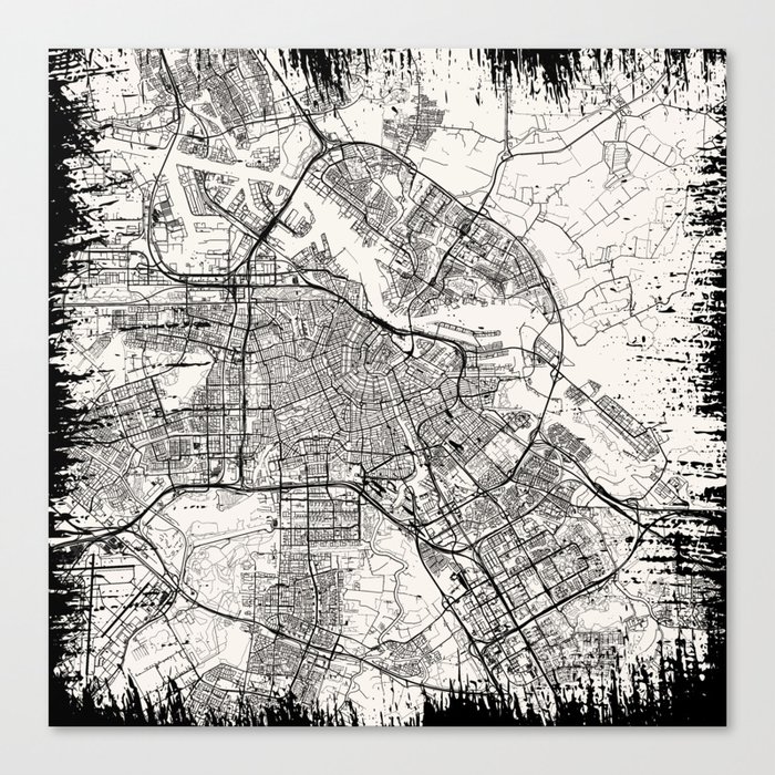 Vintage Amsterdam City Map - Netherlands - Black and White Canvas Print