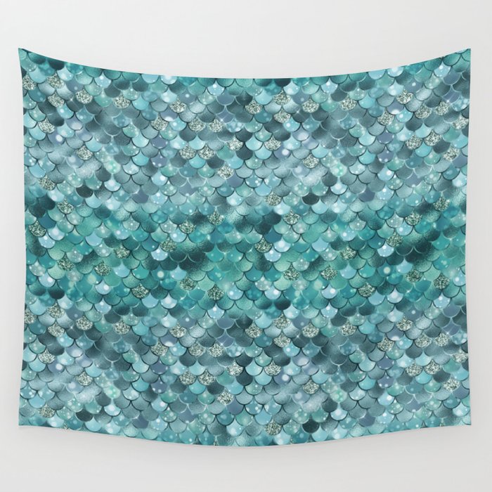 Teal Mermaid Pattern Glam Wall Tapestry