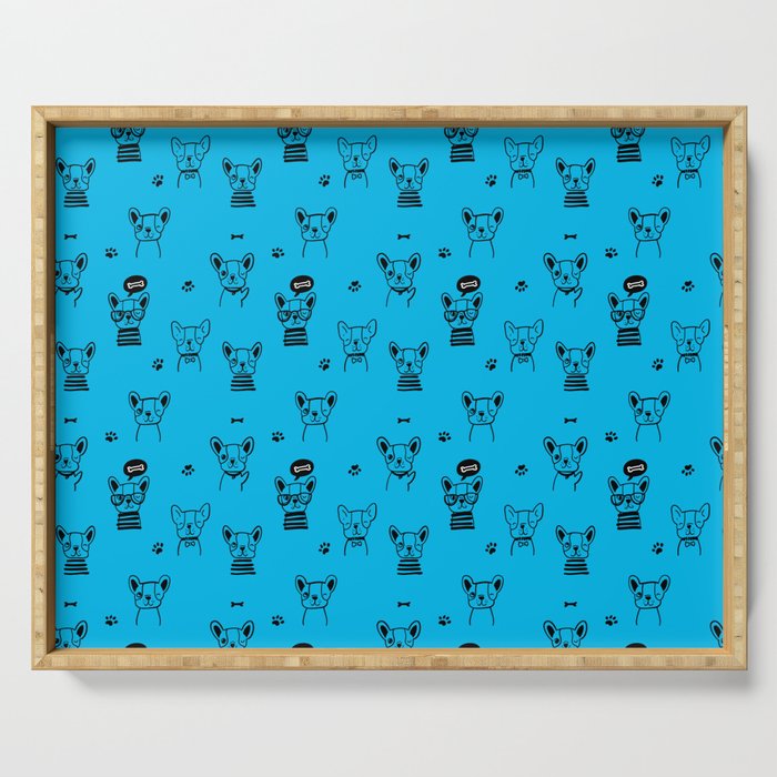 Turquoise and Black Hand Drawn Dog Puppy Pattern Serving Tray