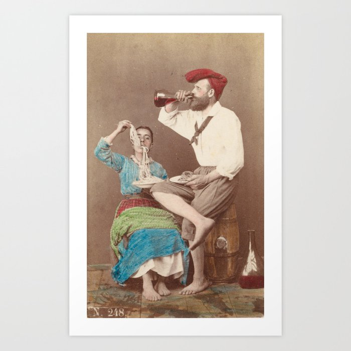 Italian Couple Eating Spaghetti and Drinking Wine by Giorgio Conrad, 1800s Art Print