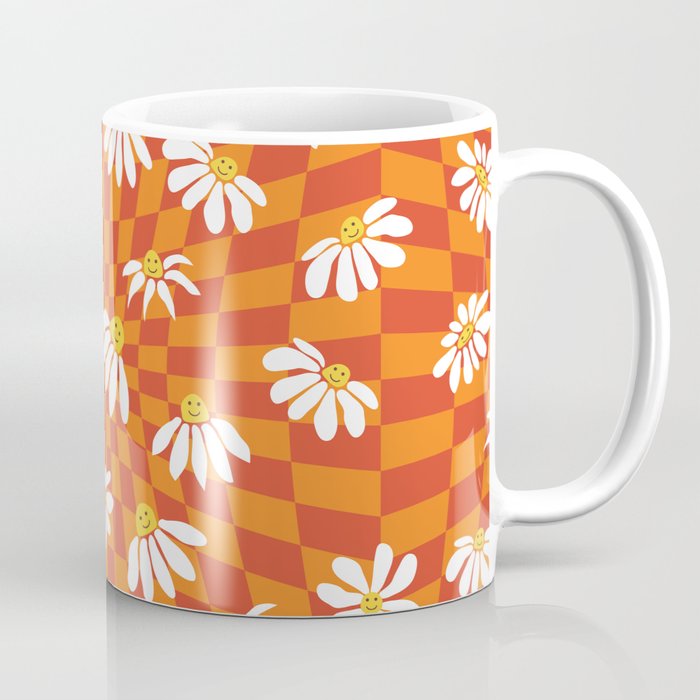 Orange Warped Checkered Retro Smile Daisy Pattern Coffee Mug