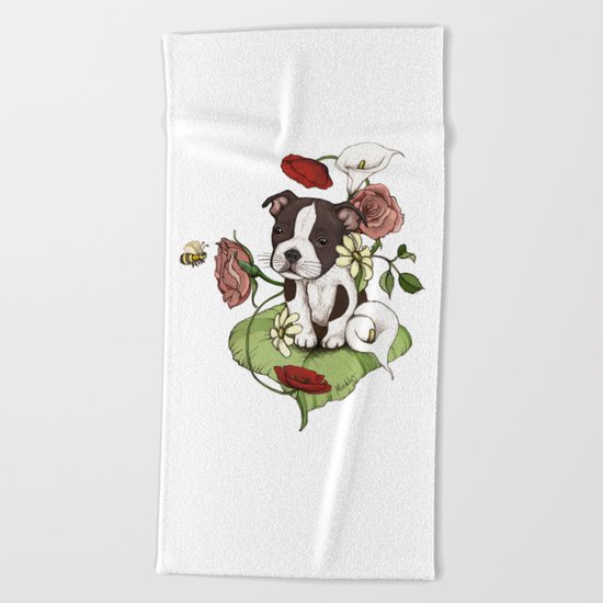 Boston Terrier Puppy Bouquet Beach Towel