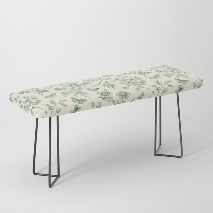 Toile de Jouy Wild Roses & Butterflies Forest Green Floral Bench