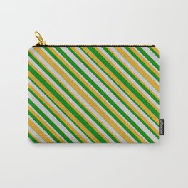 [ Thumbnail: Green, Light Gray, and Goldenrod Colored Striped Pattern Carry-All Pouch ]