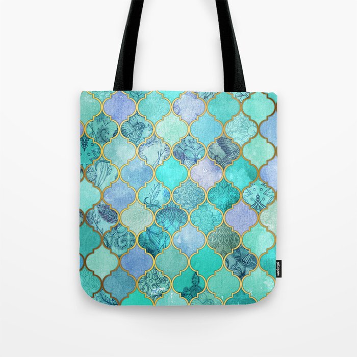Cool Jade & Icy Mint Decorative Moroccan Tile Pattern Tote Bag