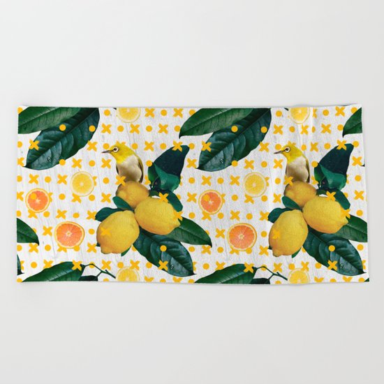 Bird & lemons yellow pattern Beach Towel