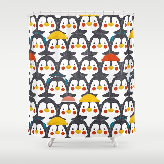 Charming Penguins in Colorful Hats Shower Curtain