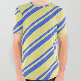 [ Thumbnail: Royal Blue & Tan Colored Stripes Pattern All Over Graphic Tee ]