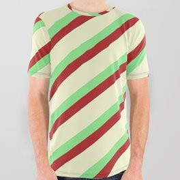 [ Thumbnail: Light Green, Red, and Light Yellow Colored Lined/Striped Pattern All Over Graphic Tee ]