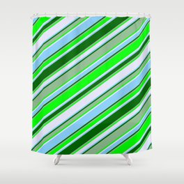 [ Thumbnail: Eye-catching Dark Sea Green, Lime, Lavender, Light Sky Blue, and Dark Green Colored Stripes Pattern Shower Curtain ]