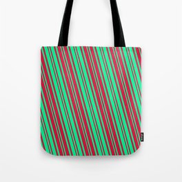 [ Thumbnail: Crimson and Green Colored Lines/Stripes Pattern Tote Bag ]