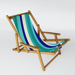 [ Thumbnail: Eye-catching Light Sea Green, Dark Cyan, Turquoise, Blue, and Beige Colored Stripes/Lines Pattern Sling Chair ]