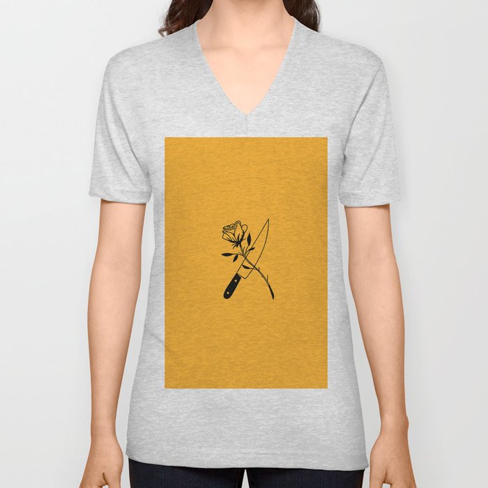 Knife and Rose Drawing V Neck T Shirt
