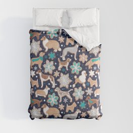 Catching ice and sweetness // navy blue background gingerbread white brown grey and dogs and snowflakes turquoise details Comforter