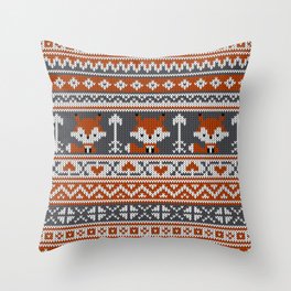 Fair Isle Fox - Reddish and Gray Throw Pillow