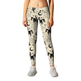 Cowboys and Cacti - cream and black Leggings | Bronc, Steamboat, Curated, Bucking, Cowboy Hat, Block Print, Horse, Ranch, Crescent Moon, Cactus 