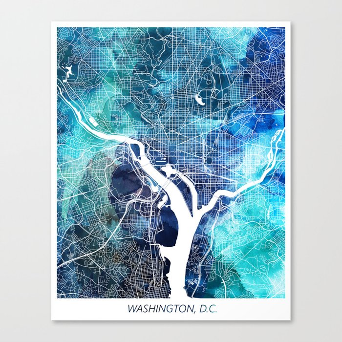 Washington DC Map Navy Blue Turquoise Watercolor Canvas Print