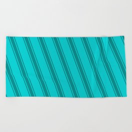 [ Thumbnail: Dark Turquoise & Dark Cyan Colored Lined/Striped Pattern Beach Towel ]