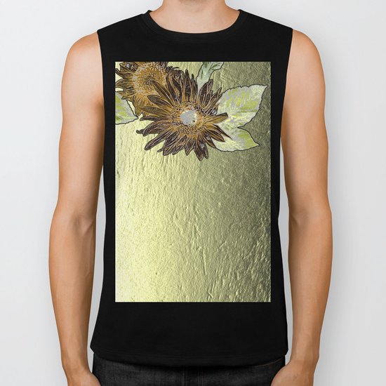 Abstract burnt orange sunflower on golden foil like background Biker Tank