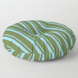[ Thumbnail: Light Sky Blue and Dark Olive Green Colored Lined/Striped Pattern Floor Pillow ]