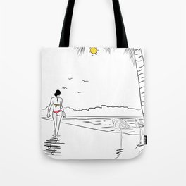 woman and flamingo on the beach Tote Bag