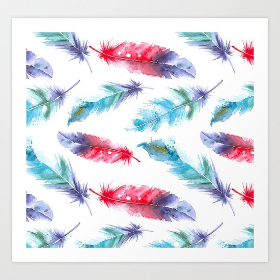 Boho Watercolor feathers Art Print