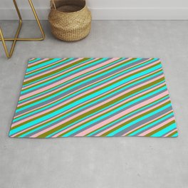 [ Thumbnail: Cyan, Slate Gray, Pink & Green Colored Lines Pattern Rug ]