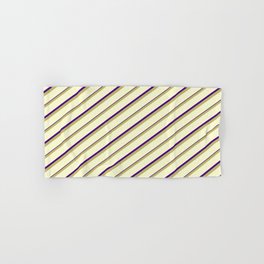 [ Thumbnail: Dark Khaki, Light Yellow & Indigo Colored Lined/Striped Pattern Hand & Bath Towel ]