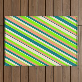 [ Thumbnail: Beige, Chartreuse, Light Salmon, and Teal Colored Lines Pattern Outdoor Rug ]