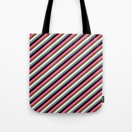 [ Thumbnail: Eye-catching Hot Pink, Brown, Light Cyan, Gray & Black Colored Stripes Pattern Tote Bag ]