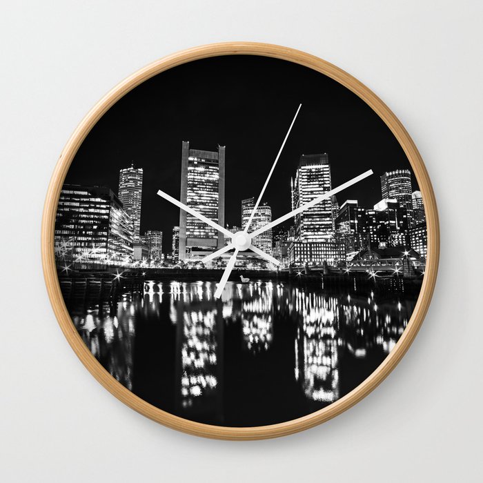 Boston Skyline Reflecting on the Fort Point Channel and Seaport Blvd Wall Clock