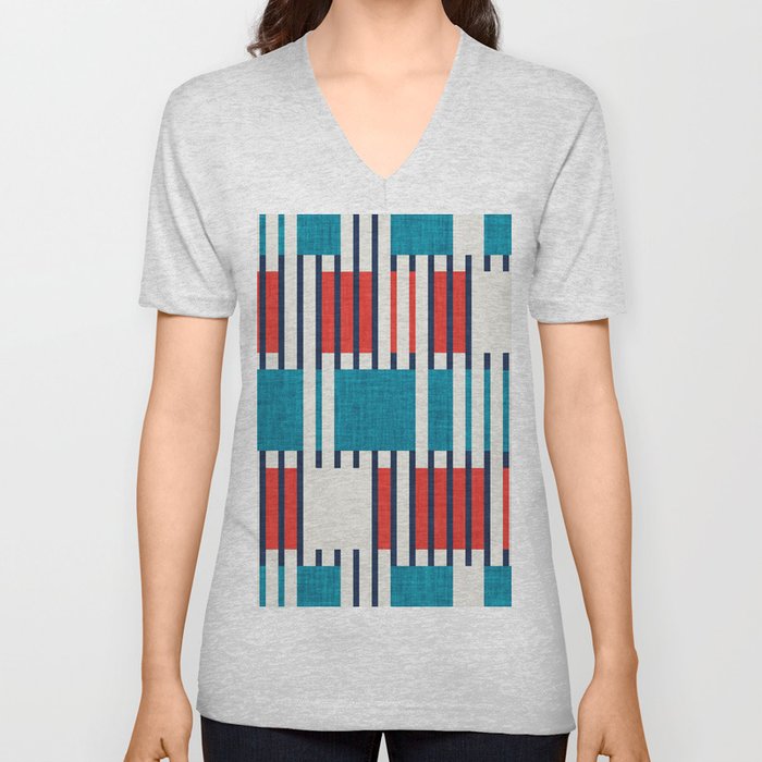 Bold minimalist retro stripes // midnight blue neon red and teal blue geometric grid  V Neck T Shirt