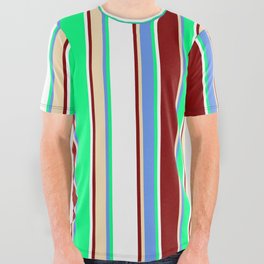[ Thumbnail: Vibrant Green, Cornflower Blue, Tan, Maroon, and White Colored Lines Pattern All Over Graphic Tee ]