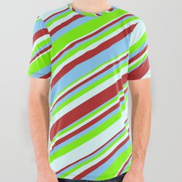 [ Thumbnail: Red, Light Sky Blue, Green, and Light Cyan Colored Striped/Lined Pattern All Over Graphic Tee ]