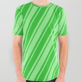 [ Thumbnail: Green and Lime Green Colored Lined/Striped Pattern All Over Graphic Tee ]