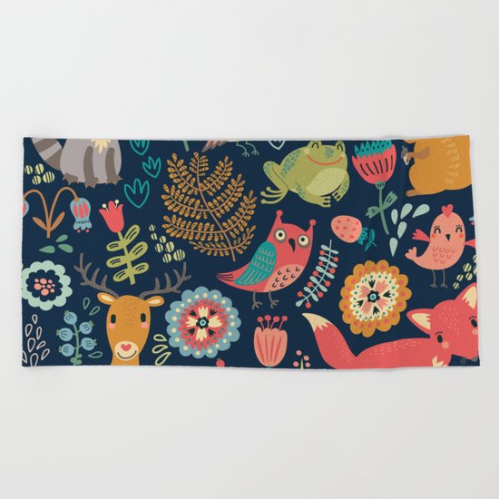 Forest friends - navy Beach Towel