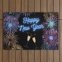 Happy New Year Fireworks with Champagne Flutes Outdoor Rug
