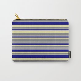 [ Thumbnail: Dark Gray, Blue, Pale Goldenrod, and Gray Colored Striped Pattern Carry-All Pouch ]