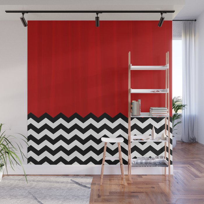 Red Black White Chevron Room w/ Curtains Wall Mural