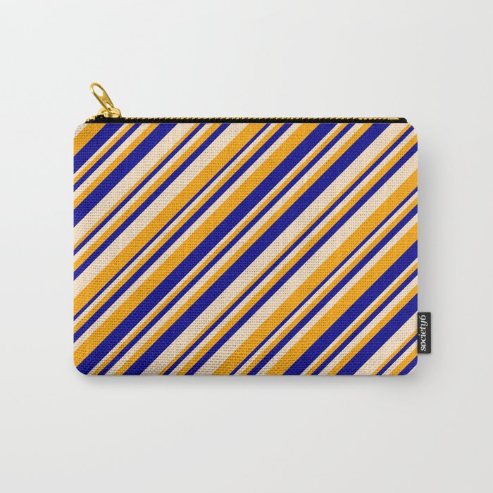Bisque, Orange, and Dark Blue Colored Stripes/Lines Pattern Carry-All Pouch