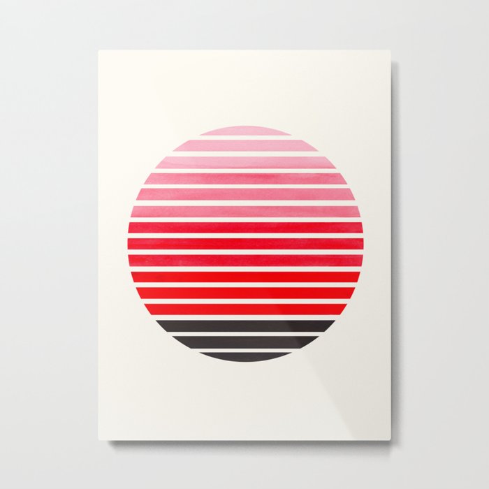 Red Mid Century Modern Minimalist Scandinavian Colorful Stripes Round Circle Frame Metal Print