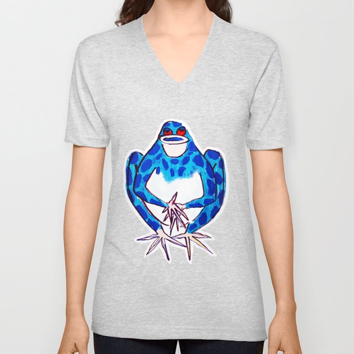 Blue spotted frog cottage core hand drawing V Neck T Shirt