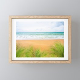 Palm or coconut leaves with Blue sea and blue sky with sand beach at coast. ocean Phuket Island in thailand. tropical nature landscape. for tourist vacation travel summer holidays concept. Framed Mini Art Print