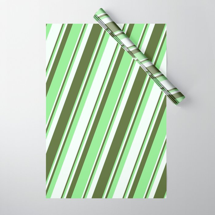 Dark Olive Green, Light Green, and Mint Cream Colored Lines Pattern Wrapping Paper