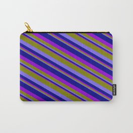 [ Thumbnail: Green, Medium Slate Blue, Dark Blue, and Dark Violet Colored Pattern of Stripes Carry-All Pouch ]