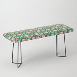 Funky Checkered Smileys and Peace Symbol Pattern (Pink, Green, White) Bench