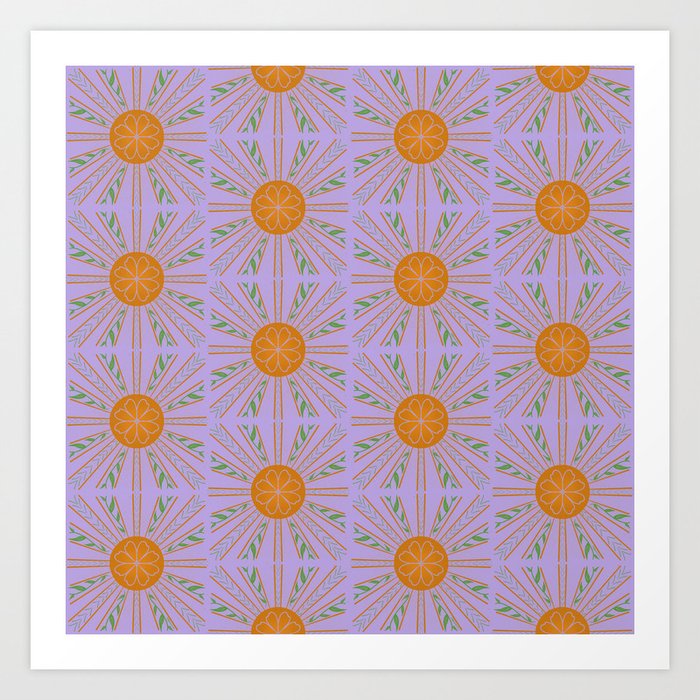 Modern Sun Pattern Green on Lavender Art Print