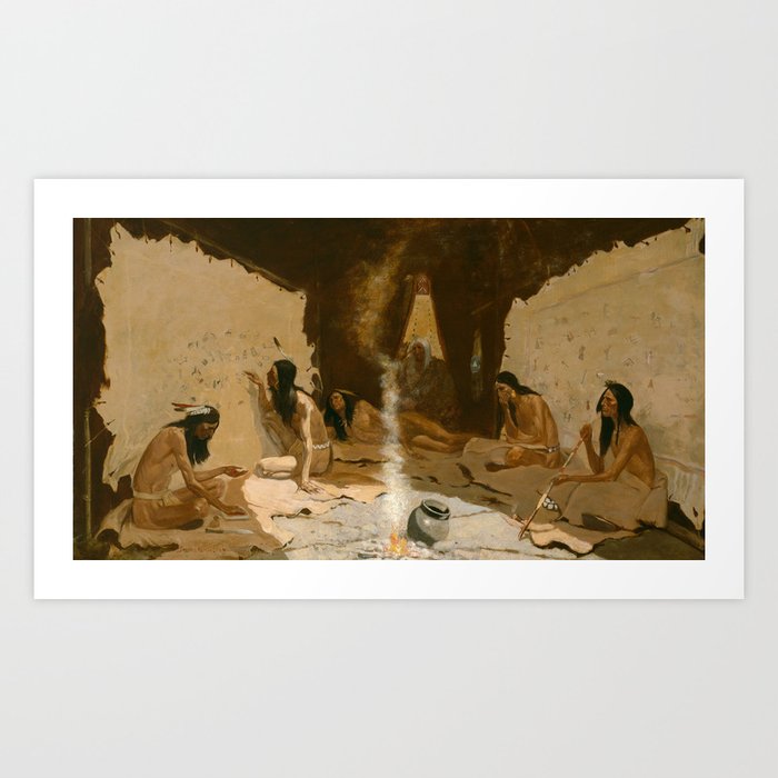 Historians of the Tribe, Native American First Nations tribal meeting portrait painting by Frederic Remington Art Print