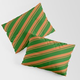 [ Thumbnail: Chocolate & Dark Green Colored Striped Pattern Pillow Sham ]